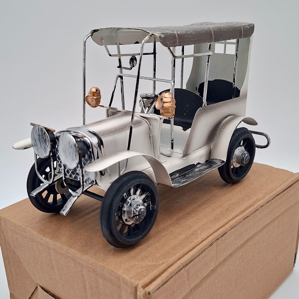 Vintage Style Handmade Metal Antique Car Decor Sculpture White 7.5"